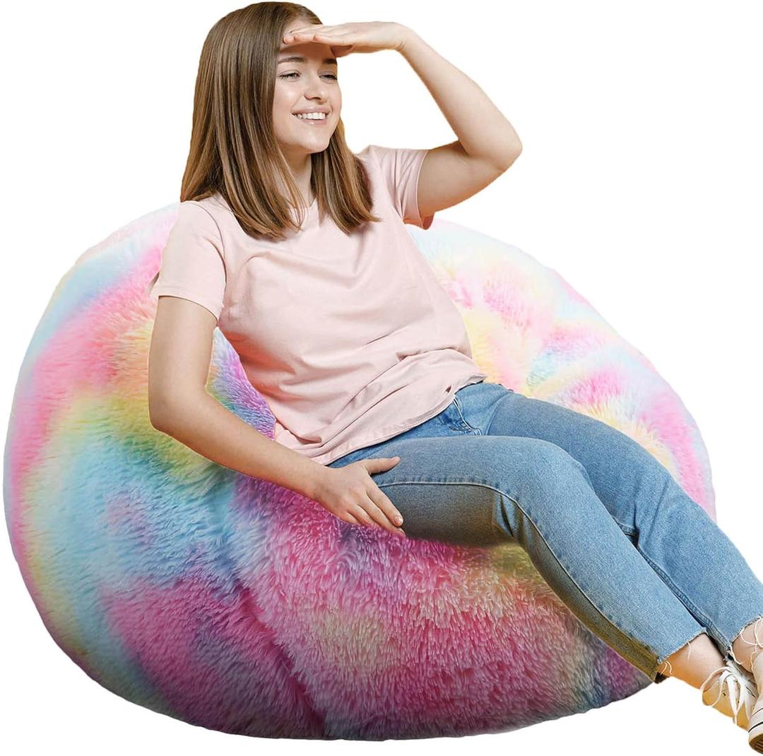 Fluffy Bean Bag Chair, 3FT Round Foam Filled Bean Bag for Teens & Kids, Ultra Soft Faux Fur Fabric Bean Bag Chairs for Playroom, Living Room, Bedroom, Rainbow (Medium)