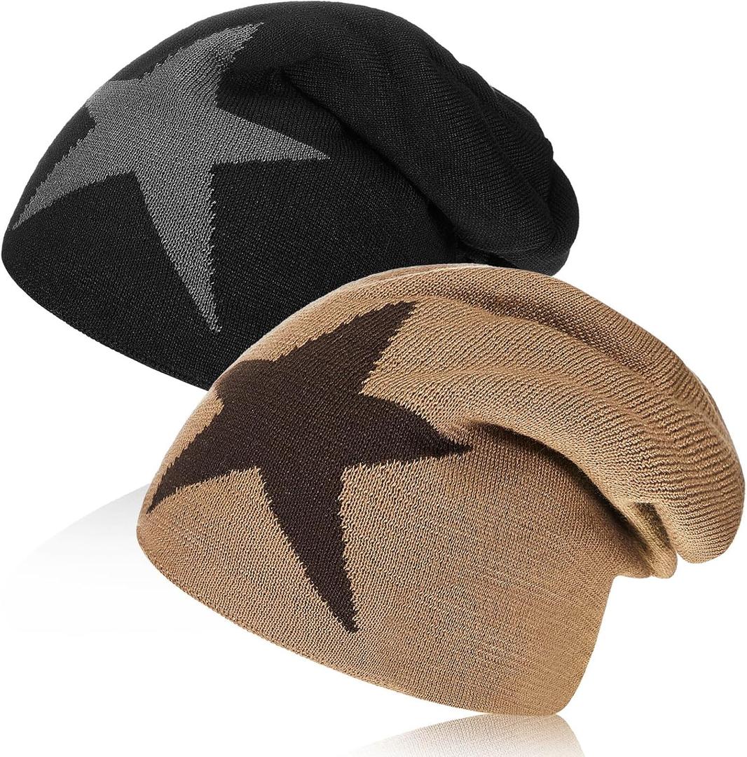 Chuarry 2 Pcs Y2k Hat Y2k Beanies Grunge Accessories Goth Star Graphic Knitted Slouchy Beanies Winter Warm Hat for Men Women Black, Khaki