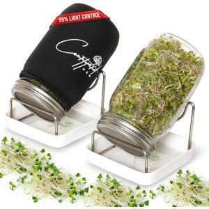 Sprout Growing Kit  Green Onion Regrower, 2 Wide-Mouth Mason Jars with Screen Lids, Blackout Sleeves & Ceramic Tray  Easy Microgreens Growing Kit for Alfalfa, Broccoli, Mung Beans