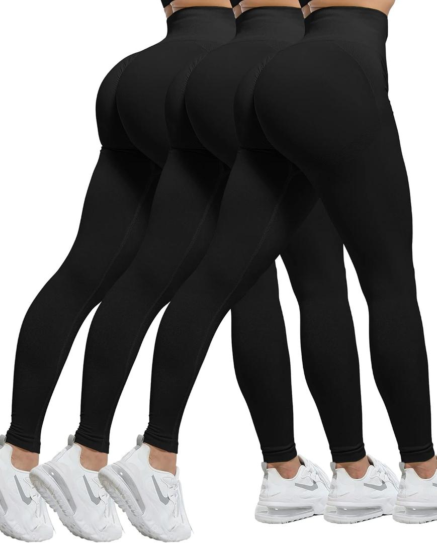 CHRLEISURE Workout Leggings Sets for Women, Gym Scrunch Butt Butt Lifting Seamless Leggings 3 Piece (Black, S)