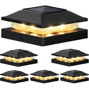 Brightever 4x4 3.5x3.5 Solar Post Cap Lights 6-Pack, Outdoor Solar Powered Fence Post Lights, Black Solar Waterproof Deck Post Lights for Vinyl/Wood Posts, Warm/Cool White, Perfect for Garden Patio