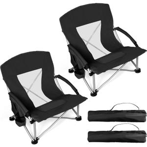 Joyfair Large Beach Chair for Adults(2 Pack), Big Outdoor Folding Camping Chairs, Heavy Duty Mid-Height Portable Chair for Fishing, Lawn, Sport, Cup Holder & Storage Pocket, Carry BagBlack