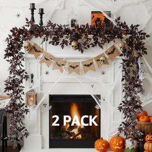 Neutral Fall Garland for Mantle Fireplace - 2 Pack 12 Ft Plum Cimicifuga Seeded Leaf Garlands Purple Autumn Dcor Table Decorations for Home Indoor Door Halloween Realistic Leaves Garlands Outdoor