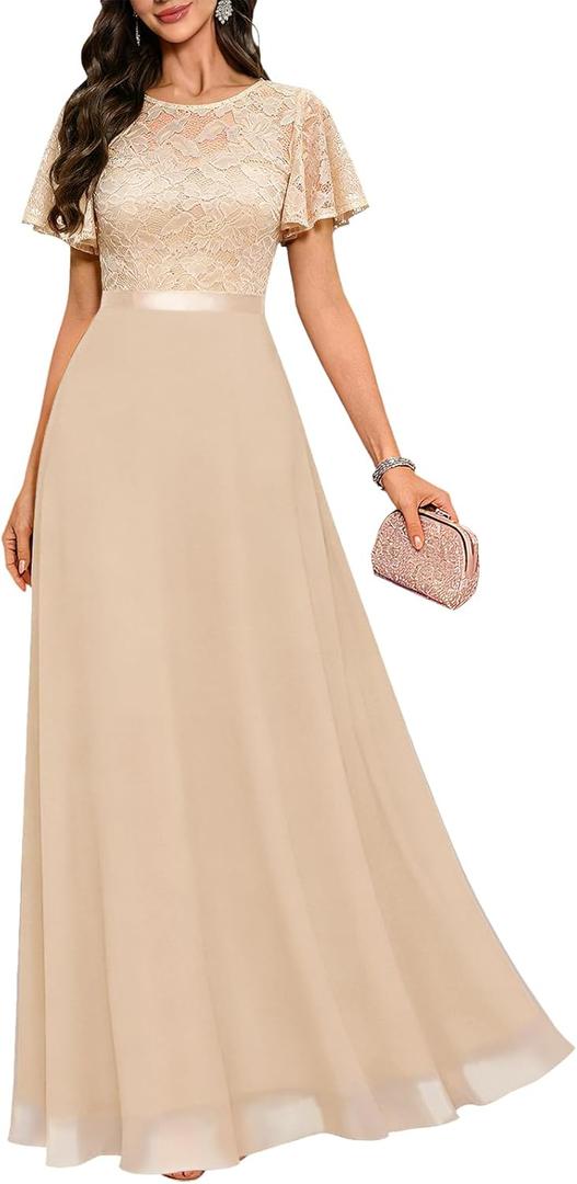 DRESSTELLS Womens Formal Dresses for Wedding Guest Prom Ruffle Sleeve Lace Maxi Dress Evening Gown 2026 (Medium, Champagne)
