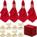 EBOOT 16 PCS Christmas Napkins and Ring Set 8 PCS Red Washable Napkins Cloth Fabric and 8 Christmas Rings Holder for Xmas Holiday Dinner Party Table Decoration(Gold Elk, Gold Snowflake)