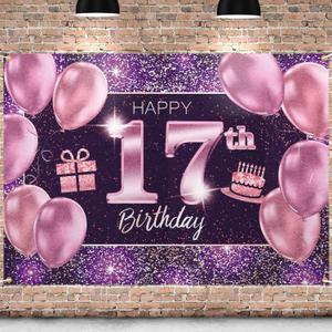Happy 17th Birthday Banner Backdrop - 17 Birthday Party Decorations Supplies for Girls - Pink Purple Gold 4 x 6ft