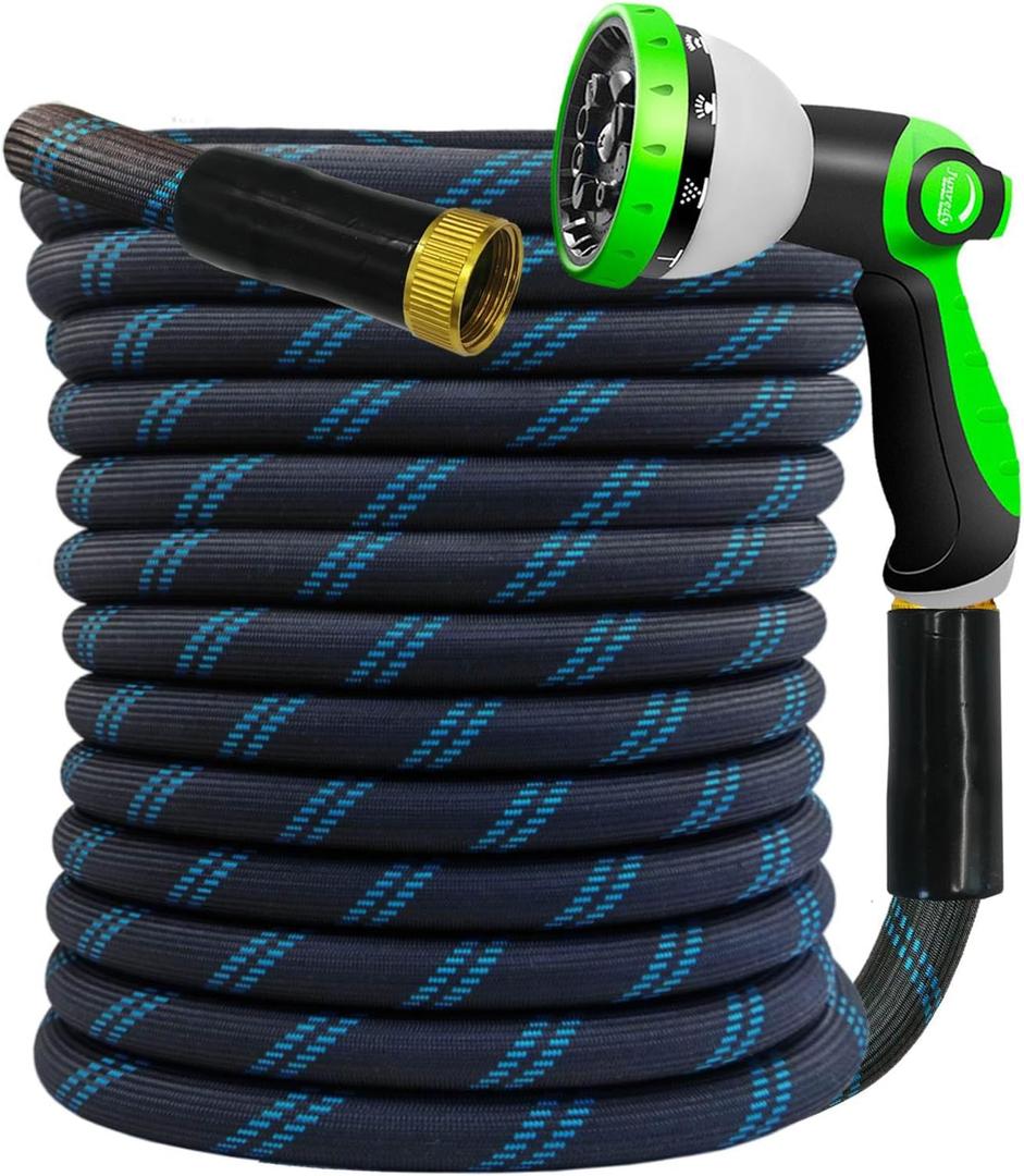 Junredy Garden Hose 75 FT, NON-EXPANDABLE Heavy-Duty Flexible & Lightweight Water Hose with 10-Function Nozzle, No-Kink, Leak-Proof Super Fabric, Solid Fittings for Lawn, Car, Outdoor (Black Blue)