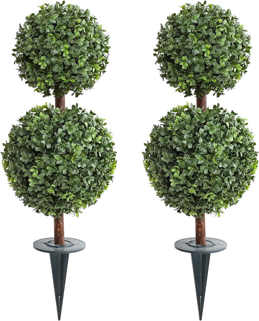 Momoplant Artificial Topiary Double Ball Small Trees with Ground Spike 27 Inch Tall for Outdoor/Indoor [2 Pack] 2 Ft Faux Boxwood Plants