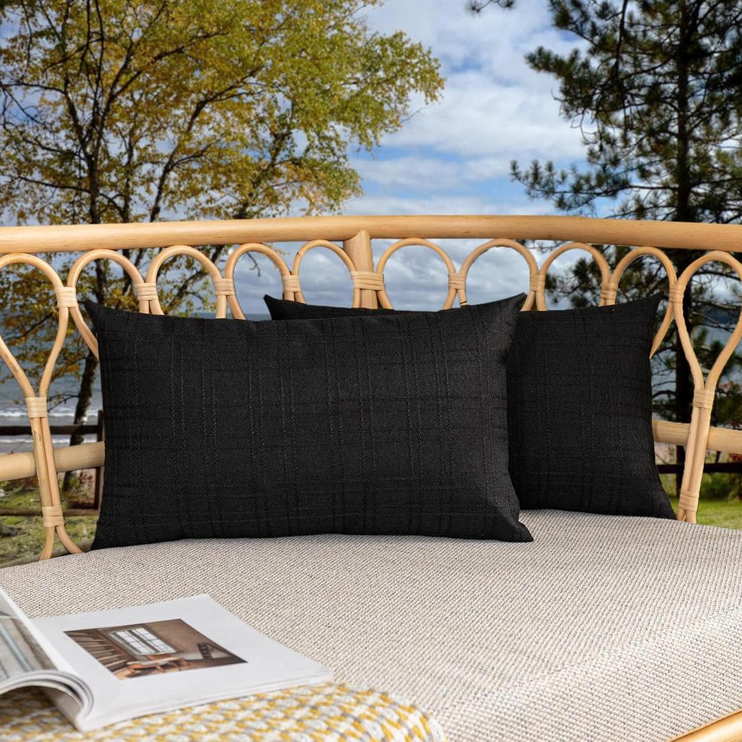 Kevin Textile Pack of 2 Decorative Outdoor Waterproof Throw Pillow Covers Checkered Lumbar Pillowcases Classic Cushion Cases for Patio Couch Bench 12 x 20 Inch Black