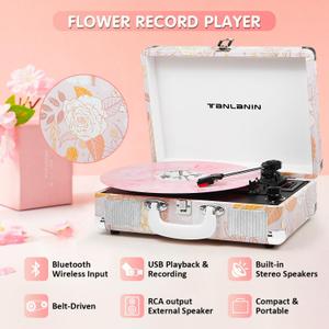 Vinyl Record Player with Bluetooth, Portable Suitcase Record Players, 3 Speed Turntable Vinyl Player with USB/TF Recording, EQ Modes, Built-in Speakers, AUX/RCA/Headphone Jack