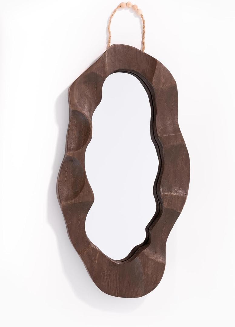 Handcrafed Rustic Wood Framed Wall Mirror, Wavy Irregular Oval Shape
