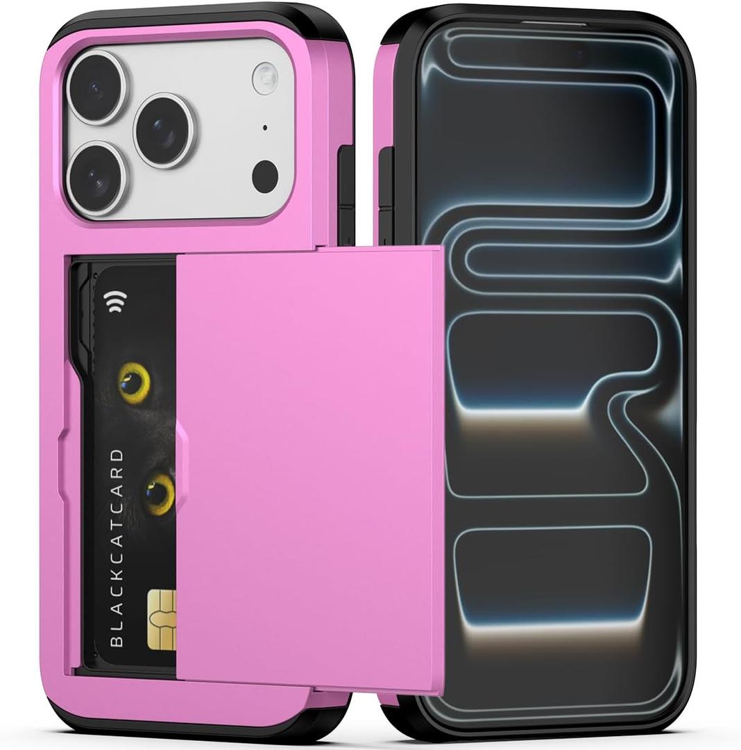 Nvollnoe Compatible with iPhone 17 Pro Case with Card Holder Dual Layer Heavy Duty Protective Shockproof Hidden Card Slot Slim Wallet Phone Case for Women&Men 6.3 inch(Hot Pink)