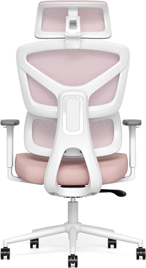 Ergonomic Office Chair, High Back Mesh Desk Chair with 4-Position Height Adjustable Back, 3D Armrests, Adaptive Lumbar Support, 3-Level Tilt Function, 3D Headrest, Comfy Computer Gaming Chairs (Pink Mesh White Frame)