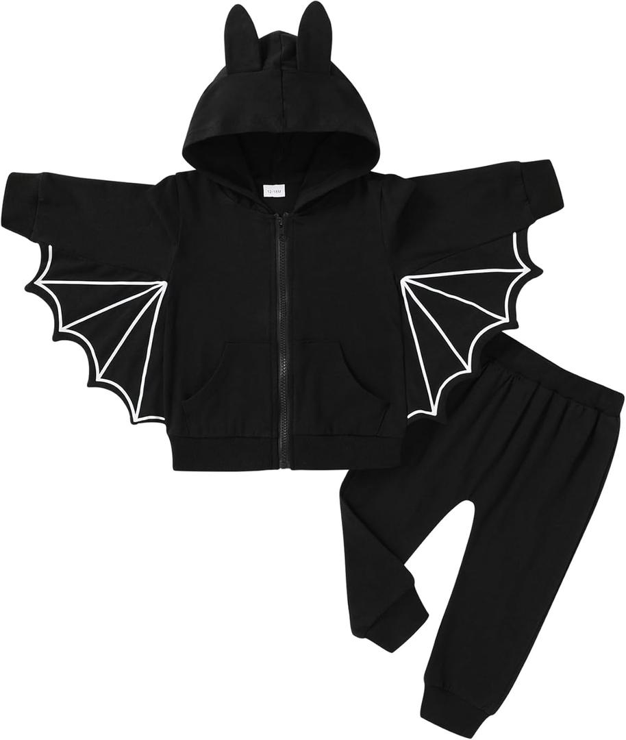 YOUNGER TREE Toddler Baby Girls Boys Halloween Outfit Black Bat Hoodies with Pocket Zipper Coat Pant Set Winter Clothes(Black Set, 18-24 Months)