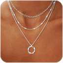 Silver Plated Layered Choker Necklaces for Women, Stackable Stacked Stacking Layering Dainty Silver Plated Necklace Beach Circle Paperclip Pendant Chain Necklaces Trendy Jewelry Set for Women
