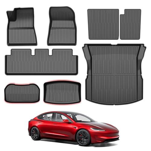 Powerty Floor Mats for 2024 2025 2026 Tesla Model 3 Highland 8 PCS Floor Cargo Liners Full Set All Weather TPE 3D 2 Row Liner Front Rear Storage Mat and Rear Seat Back Mats