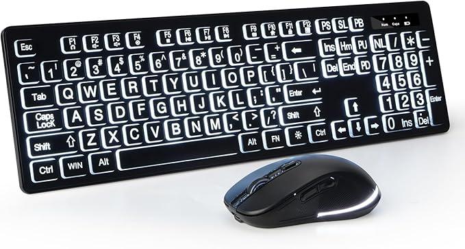 Wireless Keyboard and Mouse - Large Print Wireless Keyboard, KOPJIPPOM 2.4G Full Size Keyboard and Mouse Set with Big Letters and Backlight Key for Seniors, Compatible for Windows, Laptop, PC, Black