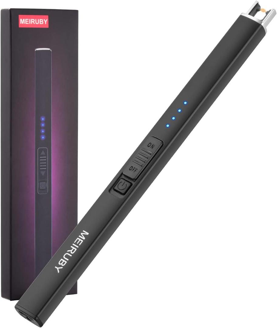 MEIRUBY Lighter Electric Candle Lighter Long Electronic Rechargeable USB Arc Windproof Flameless Lighters for Candle Camping BBQ Birthday Women's Day Gifts for Women Mom Wife Men, Balck (Black)