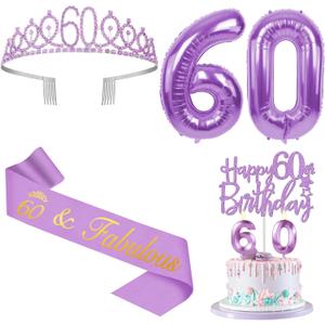 60th Birthday Decorations for Women Purple with 60th Birthday Sash and Crown, Cake Topper and Candles, Number Balloons, 60 Year Old Gifts for Women