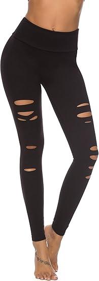 Womens High Waist Yoga Pants Cutout Ripped Tummy Control Workout Running Yoga Skinny Leggings, S-M