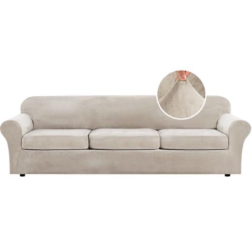 H.VERSAILTEX Modern Velvet Plush 4 Piece High Stretch Sofa Slipcover Furniture Protector Form Fit Velvet Extra Large Sofa Cover for 3 Cushion Couch Width Up to 105 Inch (XL Sofa, French Oak)