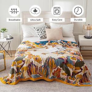 Boho Throw Blanket 100% Cotton Ultra Soft Bed Throw Large Fall Blanket Floral Bird and Butterfly Farmhouse Decor Bed Blankets,60"80" All Season Blankets for Sofa Couch Chair