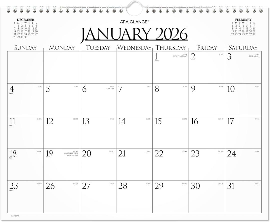 AT-A-GLANCE 2026 Wall Calendar, Monthly, 15" x 12", Medium, Business (997-1-26)
