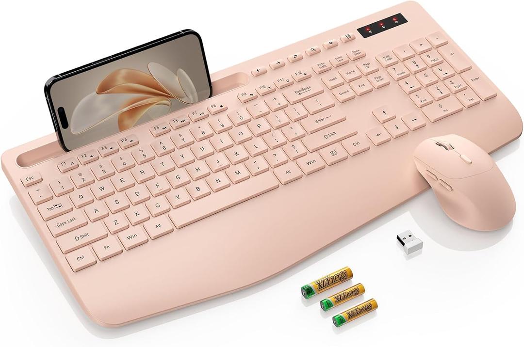 SABLUTE Wireless Keyboard and Mouse, Wrist Rest, Phone Holder, Batteries Included, 2.4G Lag-Free Ergonomic Keyboards Mouse Combo, Silent Cordless Set for Computer, Laptop, Mac, Windows (No Backlit) (Champagne Pink)