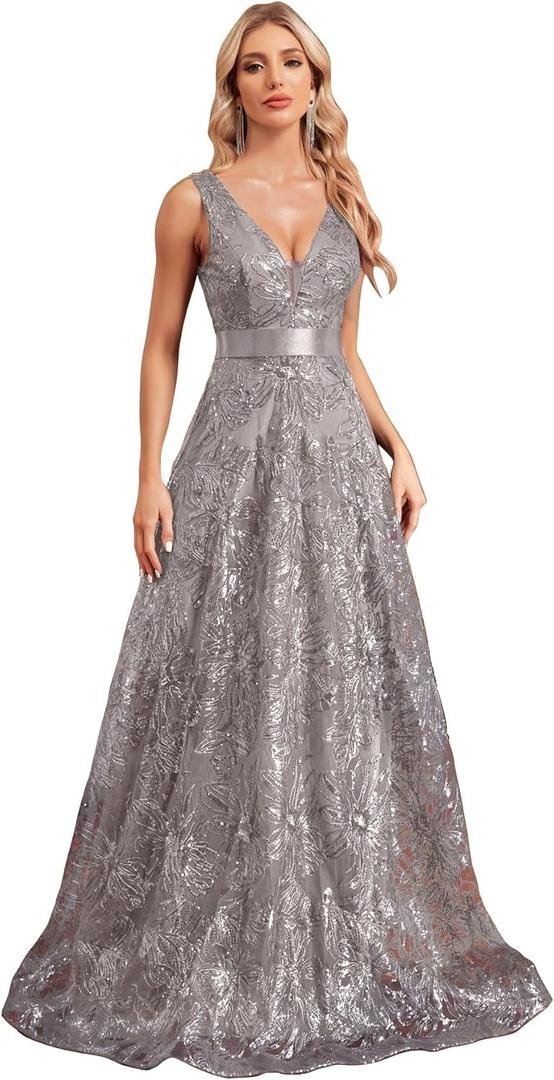 Sleeveless Glitter Sequined Womens Long Formal Gown Aline Prom Dress for Anchorwoman Floor Length Evening Dress (XX-Large, Grey)