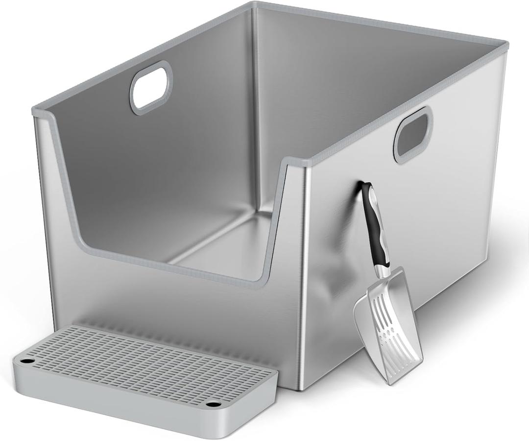 40L XXL Stainless Steel Litter Box with High Sides,XXXL Metal Maine Coon Litter Box with Tall Walls for Big Cats,One-Piece Deep Litter Boxes with Low Entry,Never Absorbs Odors,Easy to Clean (24''L16''W12H'')