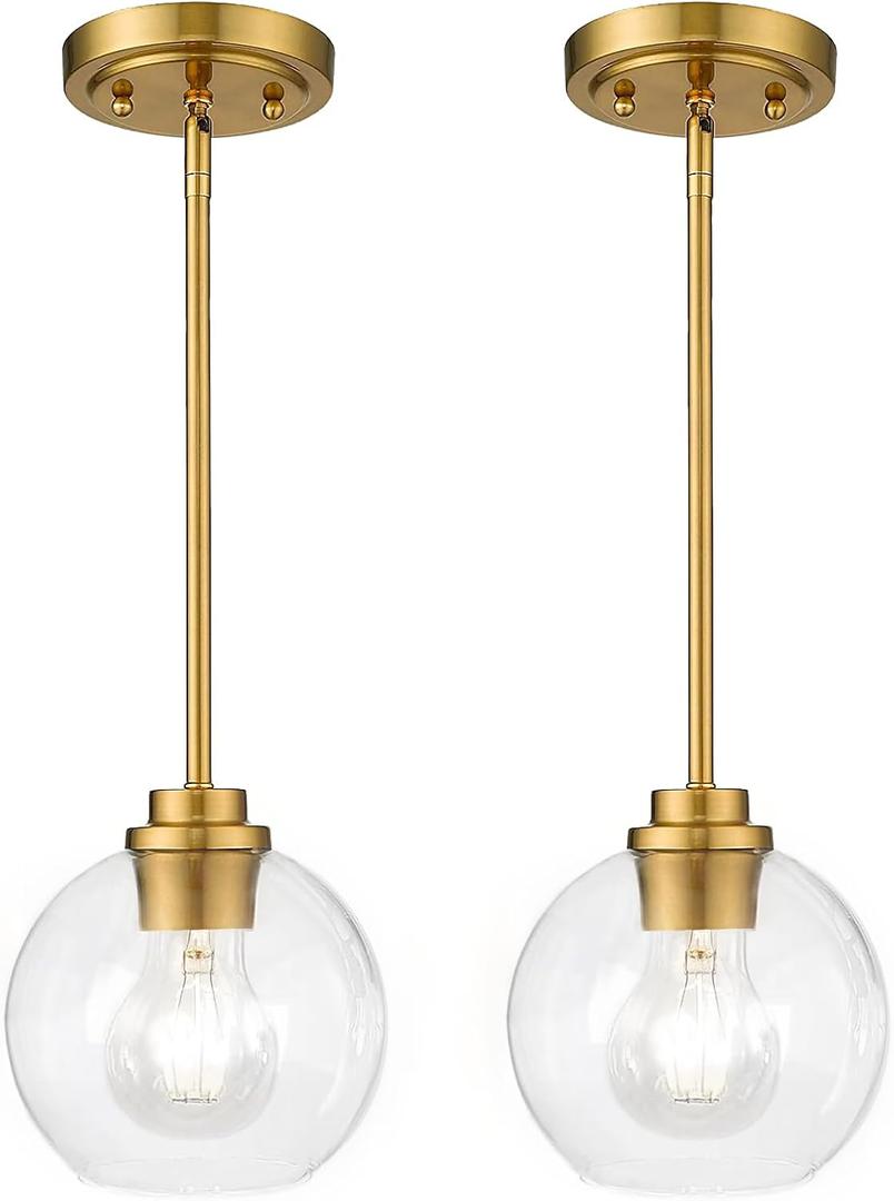 Globe Glass Pendant Lights Kitchen Island, Farmhouse Gold Pendant Lights with Clear Glass Shade, Adjustable Hanging Light Fixture for Dining Room, Entryway, Bedroom 2 Pack