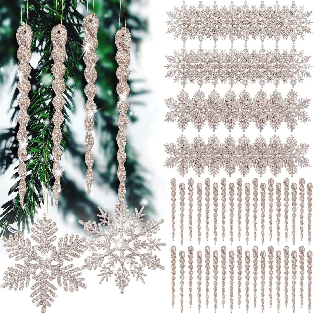 Deekin 72 Pieces Snowflake Icicle Ornaments for Christmas Tree Snowflake Twisted Icicles Glitter Hanging Decorations for Winter Xmas Tree New Year Party Supplies(Champagne)
