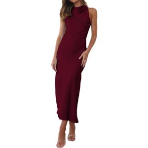 Halfisland Satin High Neck Backless Sleeveless Midi Dresses for Women Elegant Mock Neck High Waist Cross Back Cocktail Dress (Red, M)