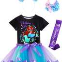 Doctor Unicorn Birthday Girls Mermaid Outfit Set Costume Tutu Skirt Dress, Mermaid Birthday Shirt, Headband & Satin Sash (Blue, S)