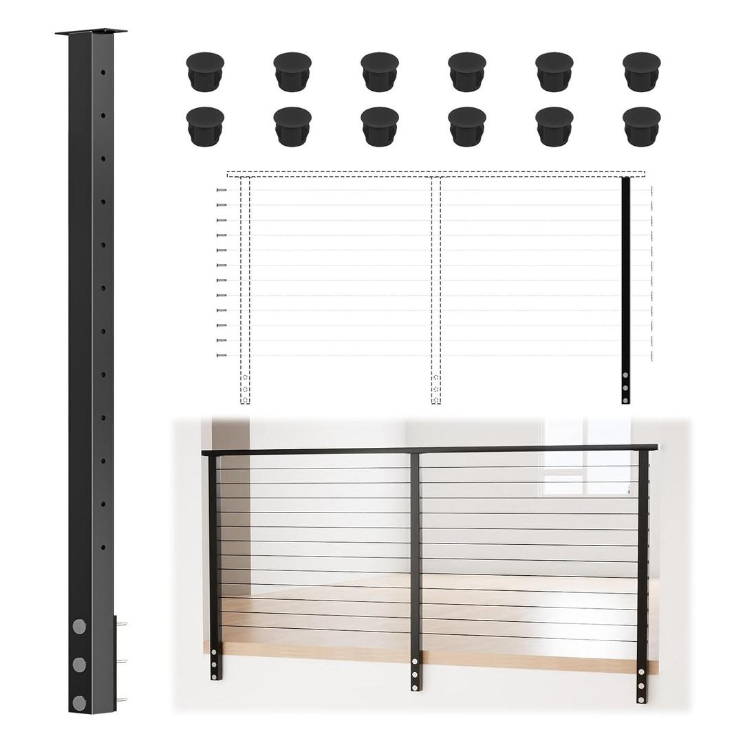 Muzata 42in Black Modular Cable Railing Post Side Mount Level Drilled RW47