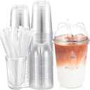 16oz 50 Set Plastic Cups with Lids and Straws, Disposable Clear Iced Coffee Cup with Lids Round Bottom Plastic Cup for Cold Beverage Drinks Juice Smoothie Coffee Shops Party(Panda Lid)