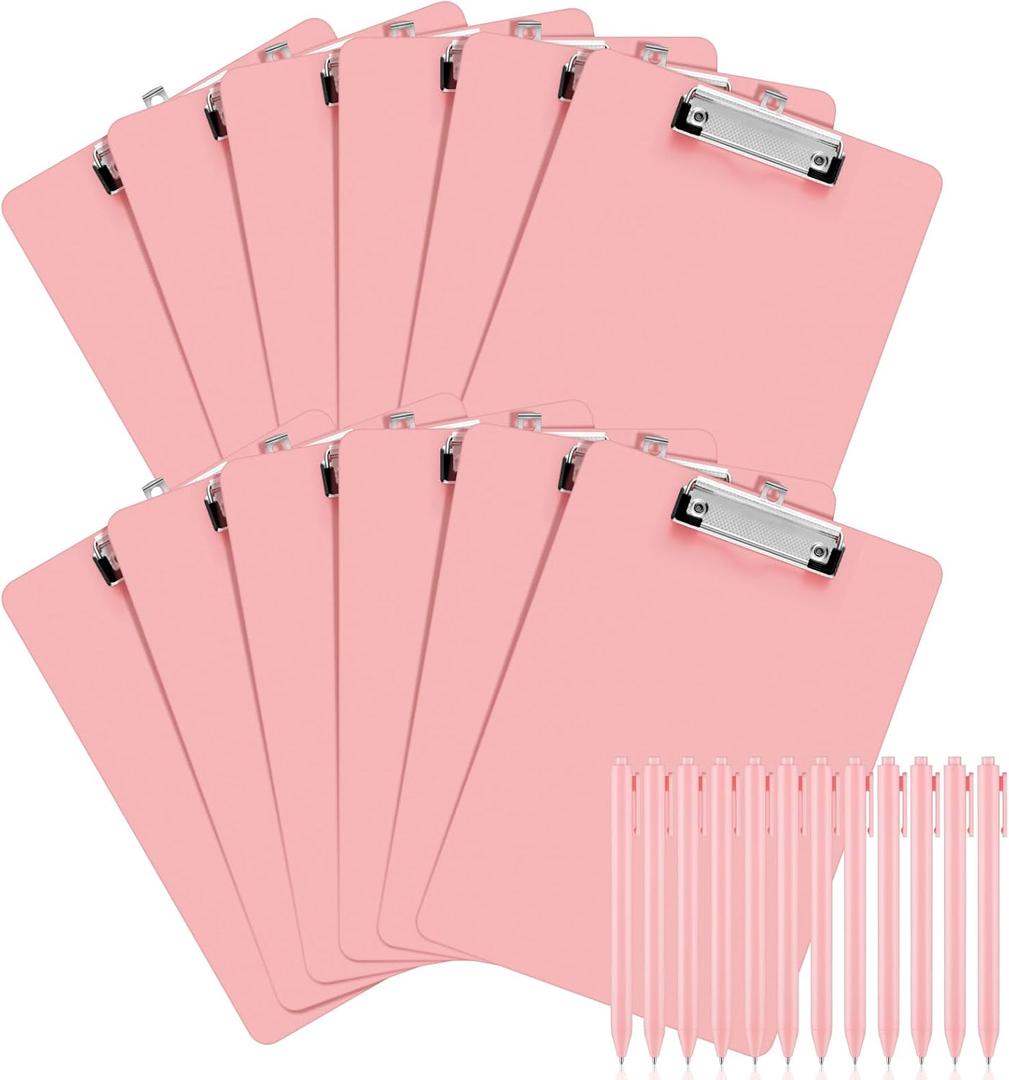 Fulmoon 12 Sets Pink Plastic Clipboards Include 12 Pcs Black Ink Pink Pens Lightweight Standard A4 Letter Size Clip Board with Pen Holder Low Profile for Nurses Week Teacher Doctor Office 12 x 8.58