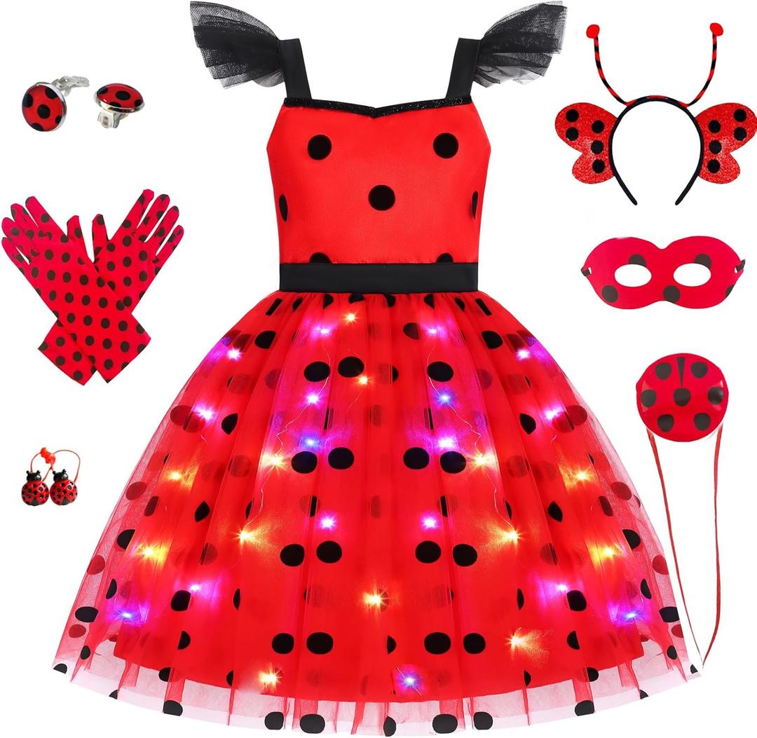 SZ-TONDA Girls Light up Ladybug Costume - Kids LED Princess Dress up Halloween Birthday Party Cosplay Outfit Clothes Apparels (7-8years)