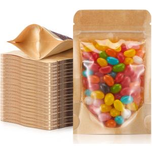 AmazingSpark 300 Pcs Kraft Bags with Window 4" x 6" Clear Front Pouches Resealable Zipper Food Brown Stand up Bags Bulk Bakery Coffee, Bean, Snack Storage Packaging Pouch for Home or Small Business