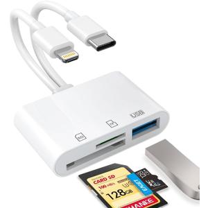 USB C SD Card Reader for iPhone, iPad, Lightning Dual Port SD Card Adapter, Memory Card Reader for Camera Adapter, Support SD, Micro SD, USB 3.0, Plug and Play