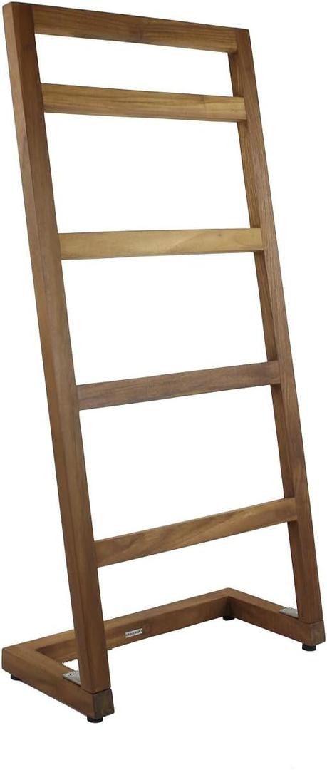 AquaTeak Patented 44"" Sula Teak Free Standing Towel Rack - 4-Rung Angled Hand Towel Holder for Bathroom - Durable Water Resistant Shower Organizer & Drying Rack, Non-Slip Rubber Feet
