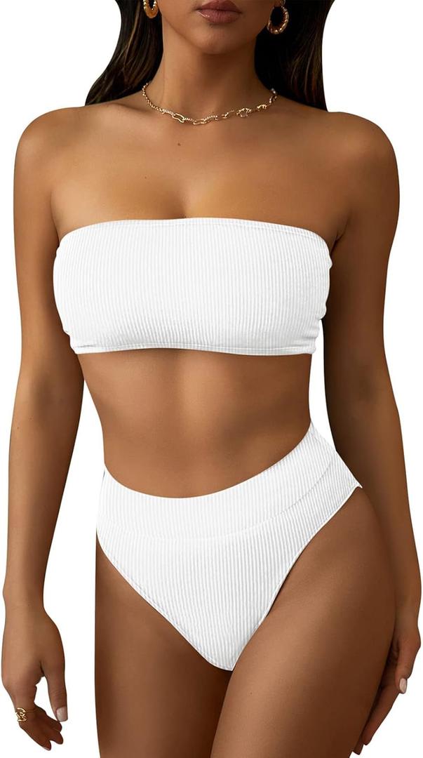 Pink Queen Women's Ribbed High Waisted Bikini Set Removable Strap Bandeau Swimsuit (Medium, 01 - White Ribbed Fabric)