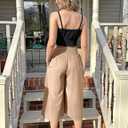 TARSE Womens Linen Palazzo Capri Pants Boho Summer Smocked High Waist Wide Leg Casual Loose Trousers with Pockets Flowy Pants (S)