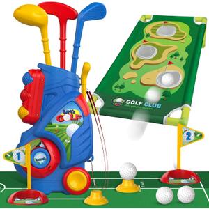 Liberry Toddler Golf Set for 2 3 4 5 Years Old Boys Girls, Upgraded Kids Golf Cart with Golf Cornhole Board & Putting Mat, Indoor and Outdoor Golf Toys Birthday Christmas Gift