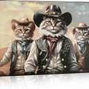 DRLWGTY Framed Canvas Wall Art, Cat in Western Cowboy Outfit, Hand-Embellished with Glitter,Abstract Animal Large Poster for Bedroom, Living Room Wall Decor, Ready to Hang (Cat, 28 * 40 in, Framed)