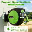 Retractable Garden Hose Reel 100FT x 1/2 in, Wall Mount Water Hose Reel for Outside with Auto Rewind, Tangle-Free Guide, 180 Swivel Bracket, Lock at Any Length, High-Pressure Flow, 10-Pattern Nozzle