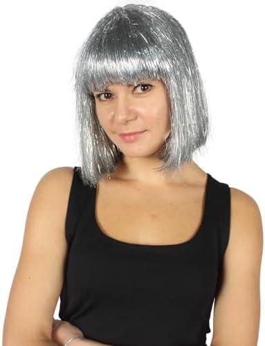 HPO Adult Women's Tinsel Bob Wig Collection | Silver Color | Premium Breathable Capless Cap Design
