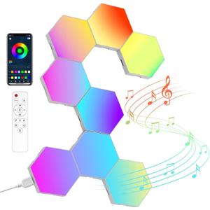 Hexagon LED Lights Wall Panels, Smart RGB Gaming Lights with APP & Music Sync, DIY Modular Hex Tiles, USB-Powered for Autism/Game Room/Party Decor (8-Pack)