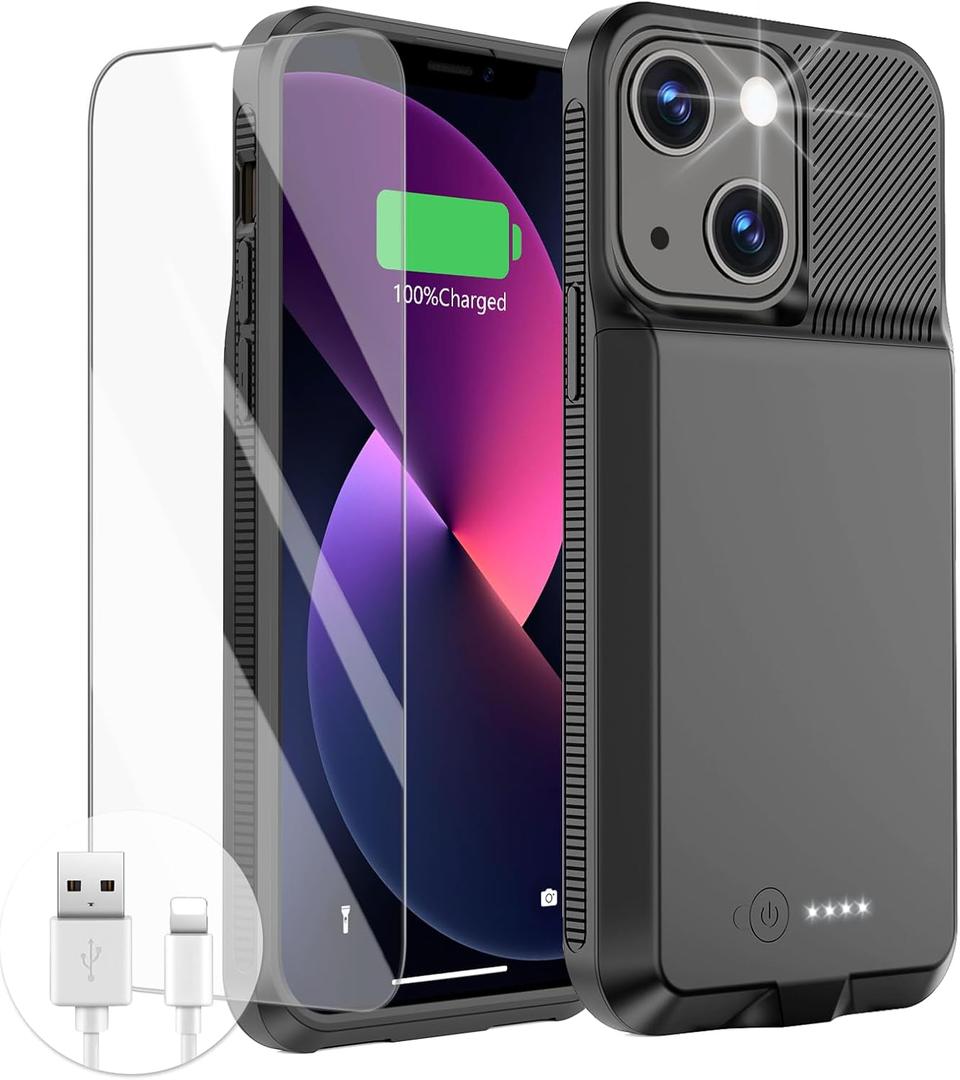 GIN FOXI Battery Case for iPhone 13/13 Pro/14/14 Pro, Ultra-Slim Charging Case Real 7000mAh Rechargeable Anti-Fall Protection Extended Charger Cover for iPhone 13/13Pro/14/14 Pro 6.1" Black
