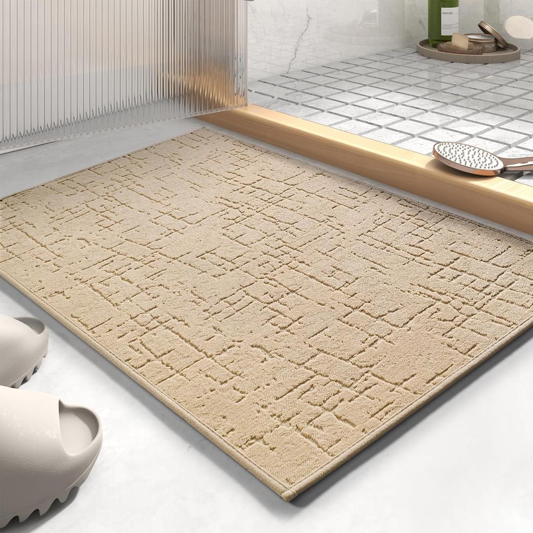 AMOAMI-Bath Mat-Super Absorbent Quick Dry Bathroom Floor Mats-Rubber Backing Washable Bath Mats for Bathroom Thin Bahtroom Rugs Fit Under Door-Bath Rug for in Fornt of Sink,Bathtub,Shower Room (Camel Beige)